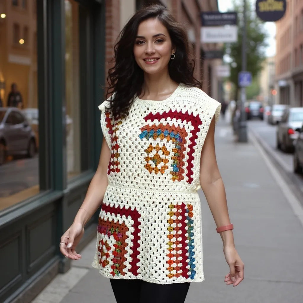 Tunique au crochet Dédalina de Cachalabibi - vue de face dans une rue commerçante animée