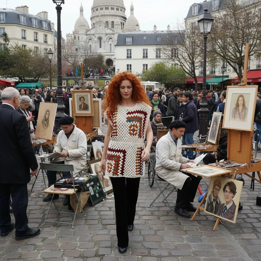 Tunique au crochet Dédalina de Cachalabibi - vue de face sur la place du Tertre à Montmartre avec artistes peintres et Sacré-Cœur