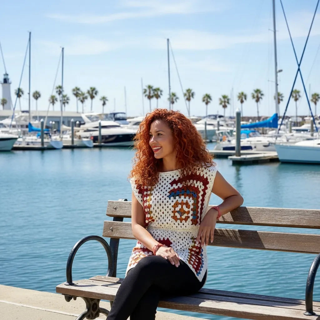 Tunique au crochet Dédalina de Cachalabibi - vue de face d'une jeune femme rousse assise sur un banc dans une marina