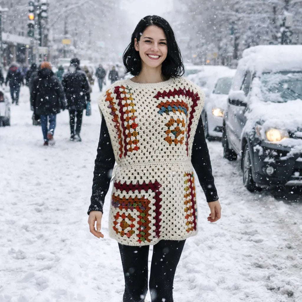 Tunique au crochet Dédalina de Cachalabibi - vue de face dans une rue enneigée de New York avec flocons