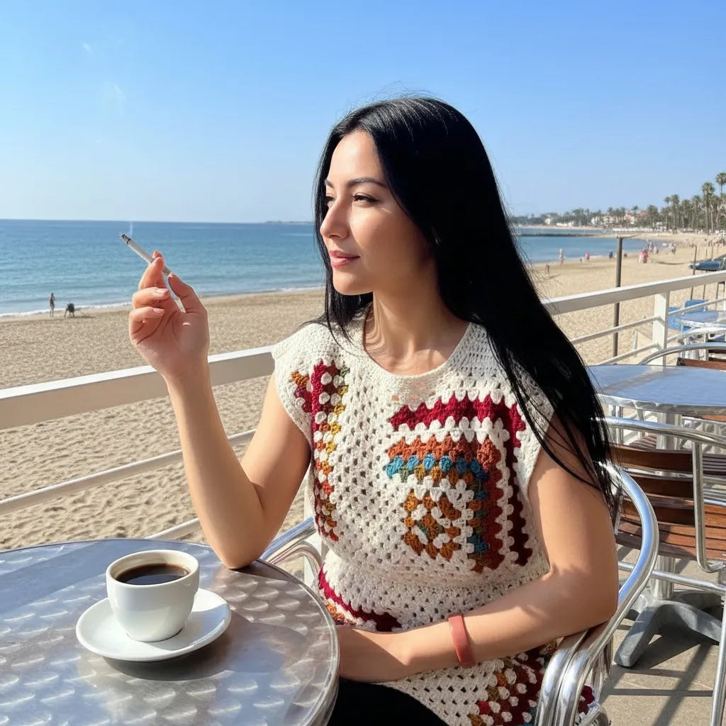 Tunique au crochet Dédalina de Cachalabibi - vue de face d'une femme qui fume à une terrasse avec vue sur la plage