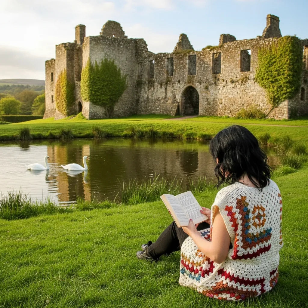Tunique au crochet Dédalina de Cachalabibi - vue de dos assise au bord d'un étang avec château en ruines lisant un livre