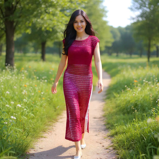 Tunique au crochet Eden de Cachalabibi - de face sur une jeune femme qui marche sur un sentier forestier