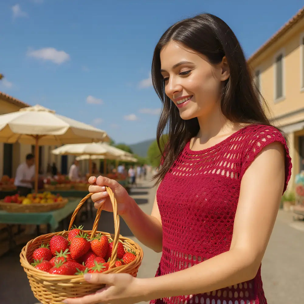 Tunique au crochet Eden de Cachalabibi -portée par une demoiselle qui tient un panier de fraises