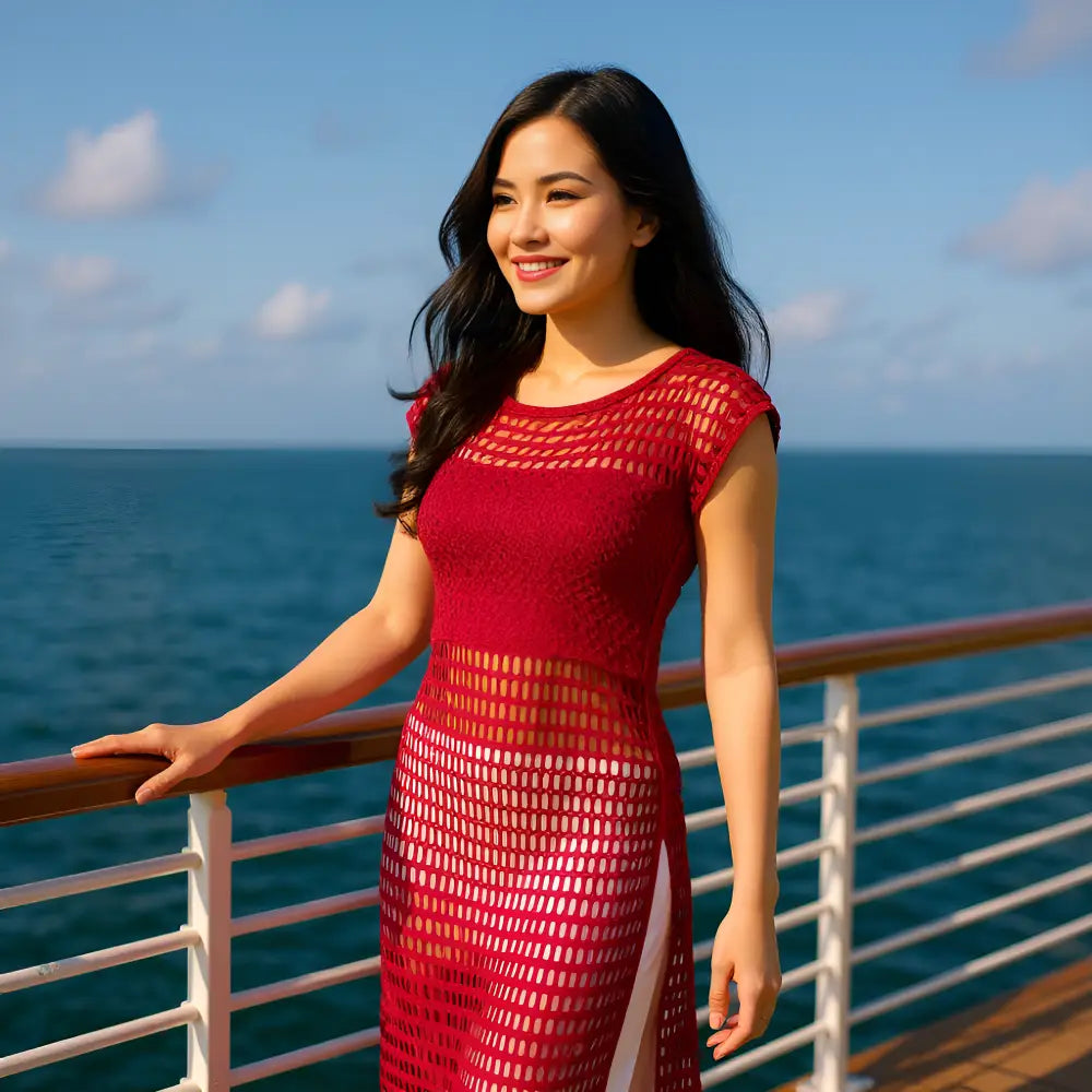 Tunique au crochet Eden de Cachalabibi -de face avec une femme aux longs cheveux noirs qui s'agrippe à une rambarde sur bateau de croisière