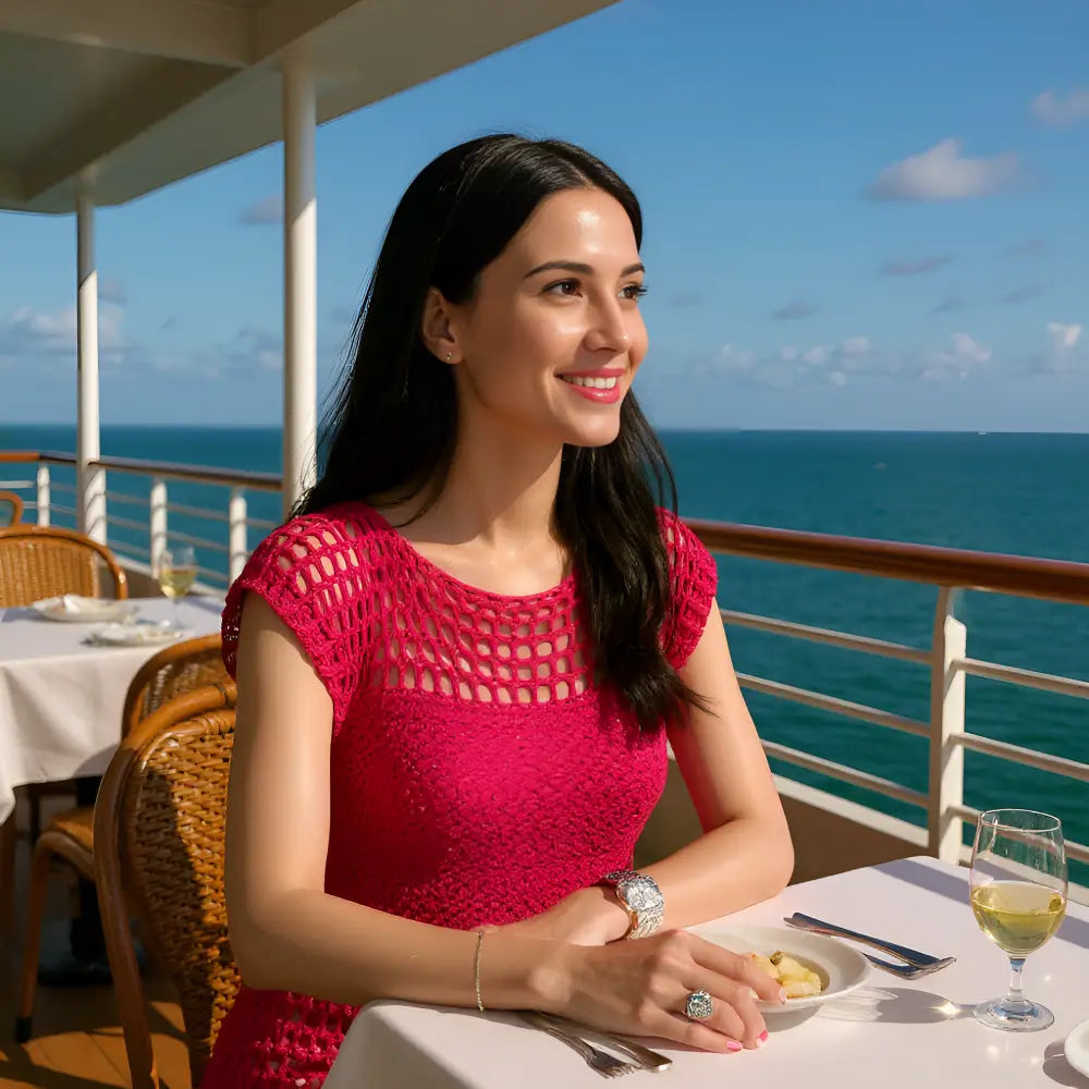 Tunique au crochet Eden de Cachalabibi -vue de face d'une femme assise à une table extérieure d'un bateau de croisière
