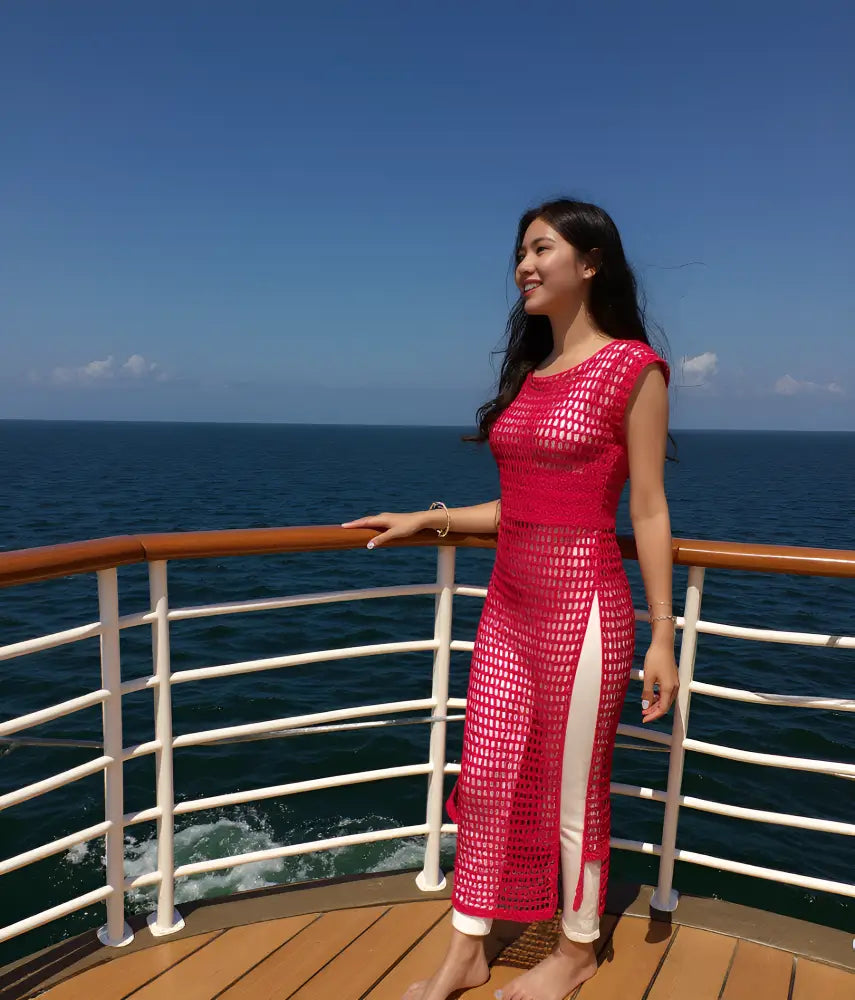 Tunique au crochet Eden de Cachalabibi -vue de côté d'une femme qui porte la tunique qui leui descend aux chevilles