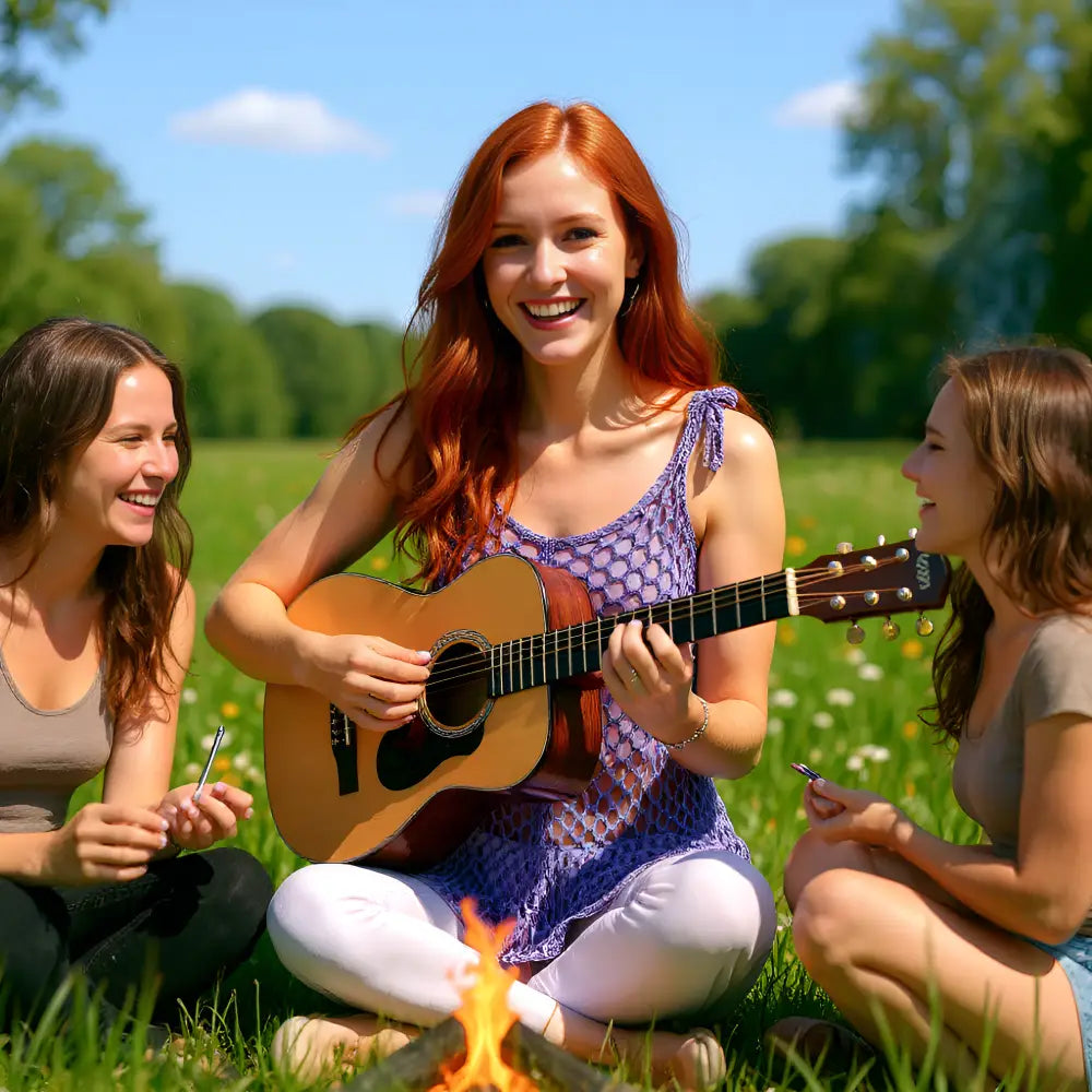 Tunique au crochet Figueira de Cachalabibi - vue de face d'une jeune femme qui joue de la guitare