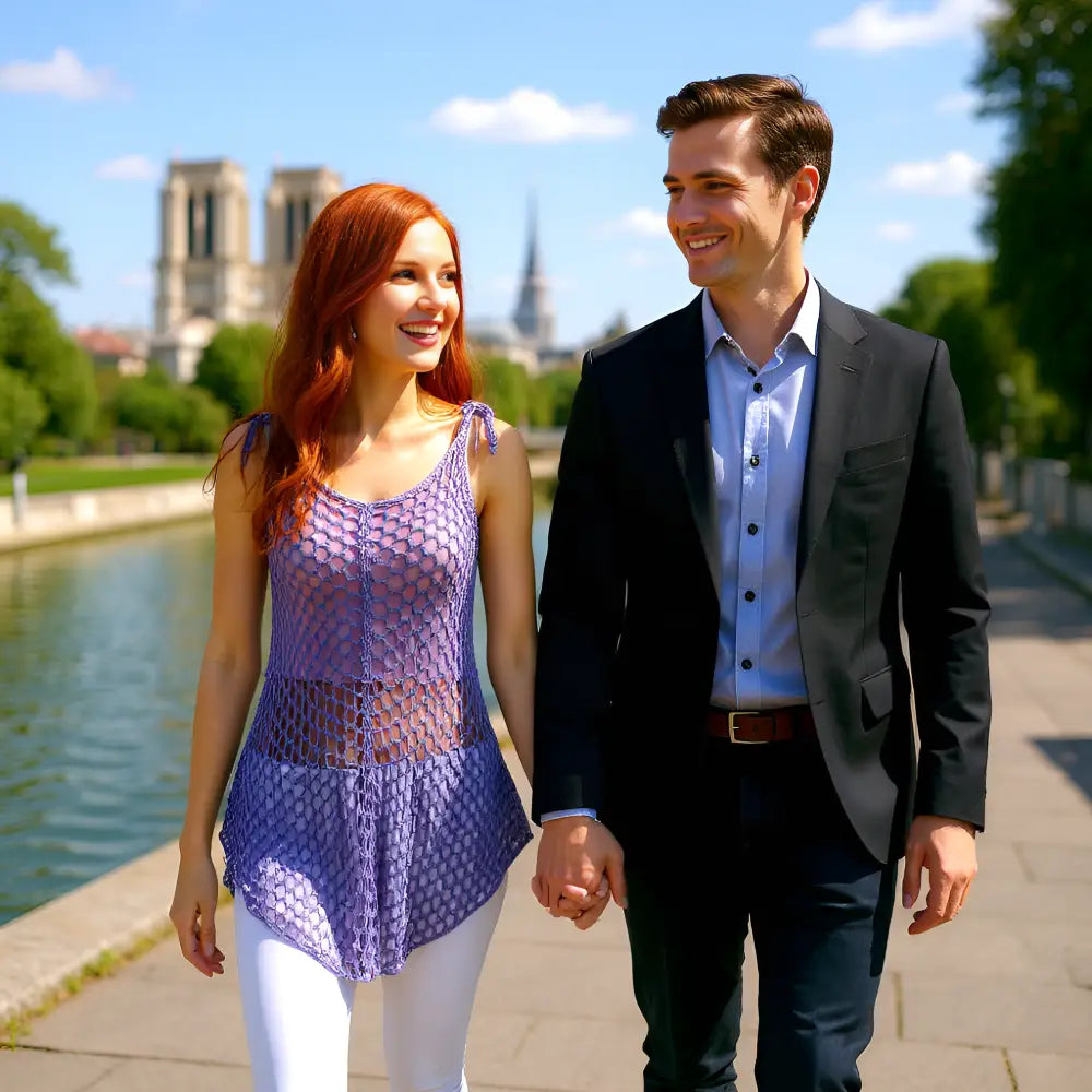 Tunique au crochet Figueira de Cachalabibi  - vue de face en ville d'une jeune femme avec pantalon blanc