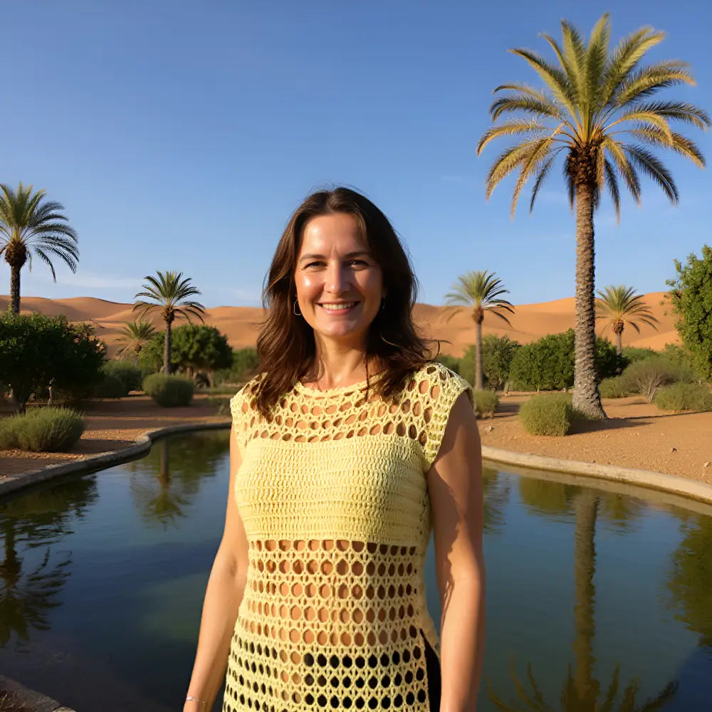 Tunique au crochet Sahara de Cachalabibi - portée par une femme brune devant une oasis avec palmiers et dunes