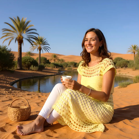 Tunique au crochet Sahara de Cachalabibi - portée par une femme assise avec tasse de thé dans une oasis palmiers