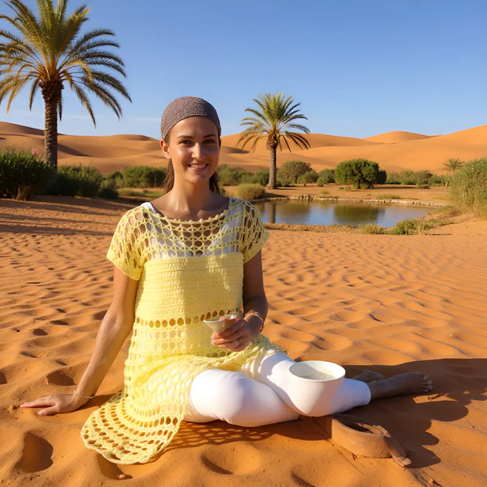 Tunique au crochet Sahara de Cachalabibi - femme assise sur le sable pour boire le thé marocain dans une oasis