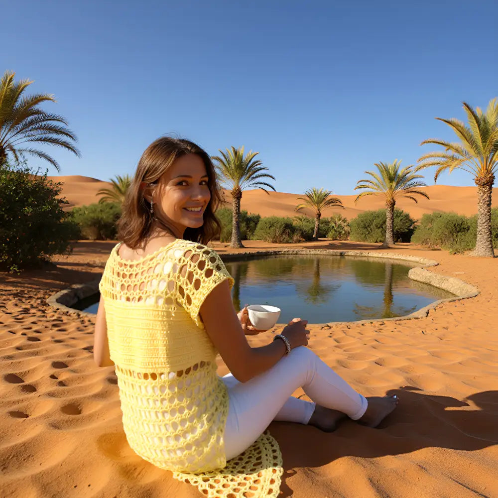 Tunique au crochet Sahara de Cachalabibi - vue de dos d'une jeune femme assise au bord d'une oasis dans une palmeraie