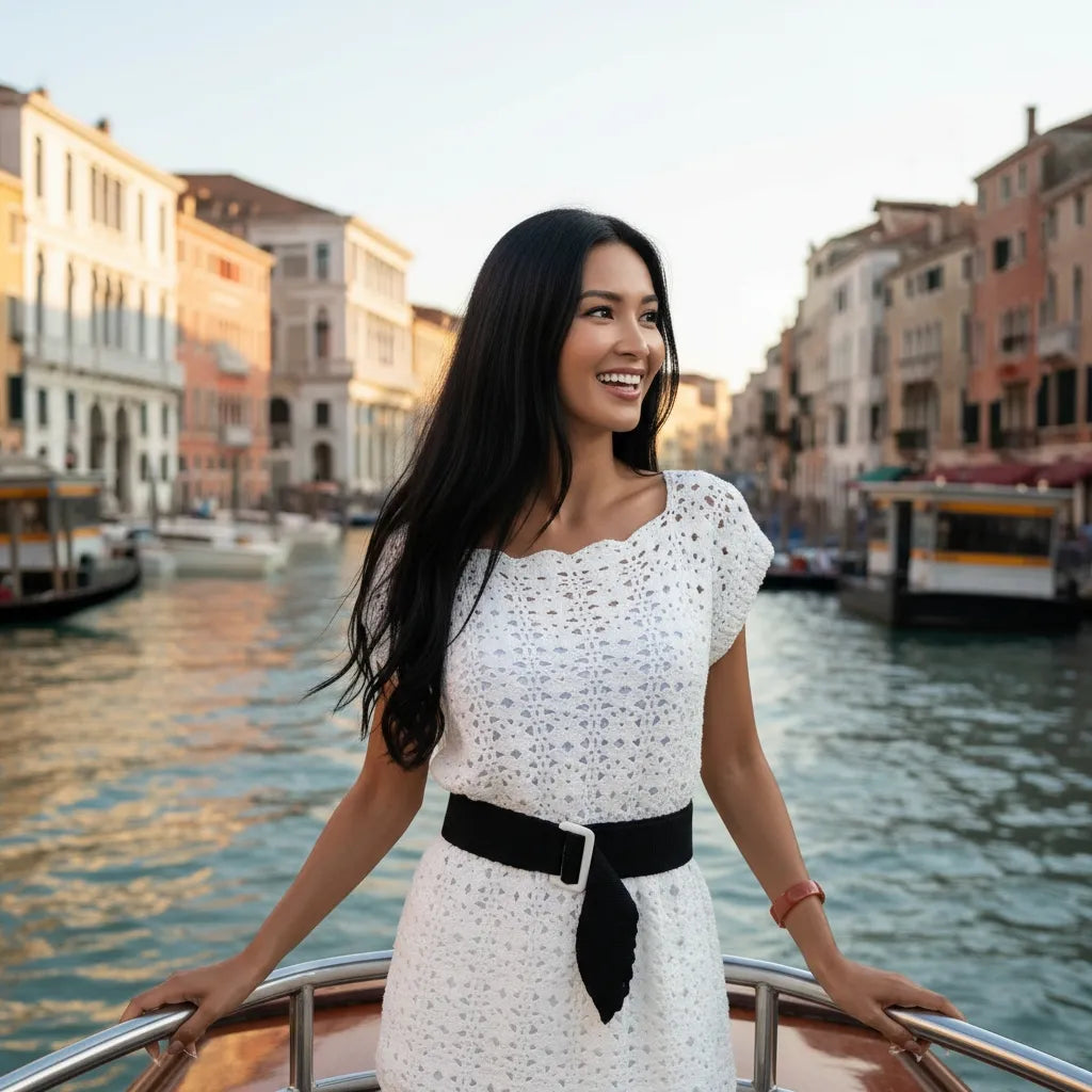Tunique au crochet Tunica de Cachalabibi - vue de face montant sur un vaporetto sur le Grand Canal à Venise avec palais vénitiens