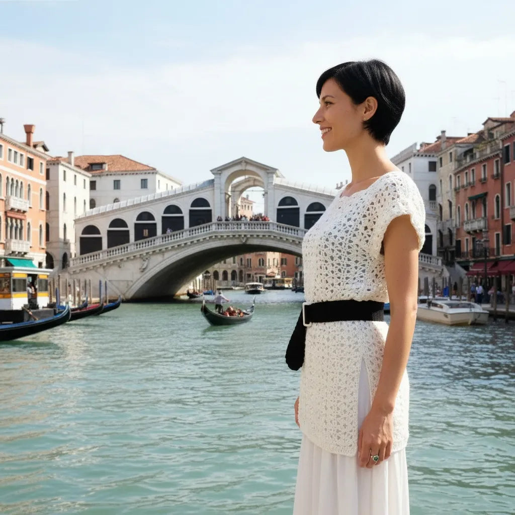 Tunique au crochet Tunica de Cachalabibi - vue de profil contemplant le pont du Rialto à Venise avec gondoles