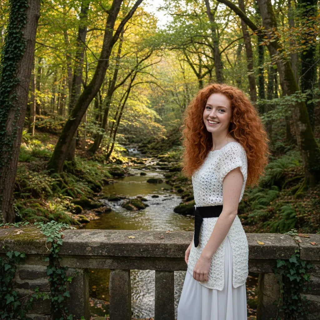 Tunique au crochet Tunica de Cachalabibi - vue de profil au bord d'un ruisseau en forêt avec pont de pierre