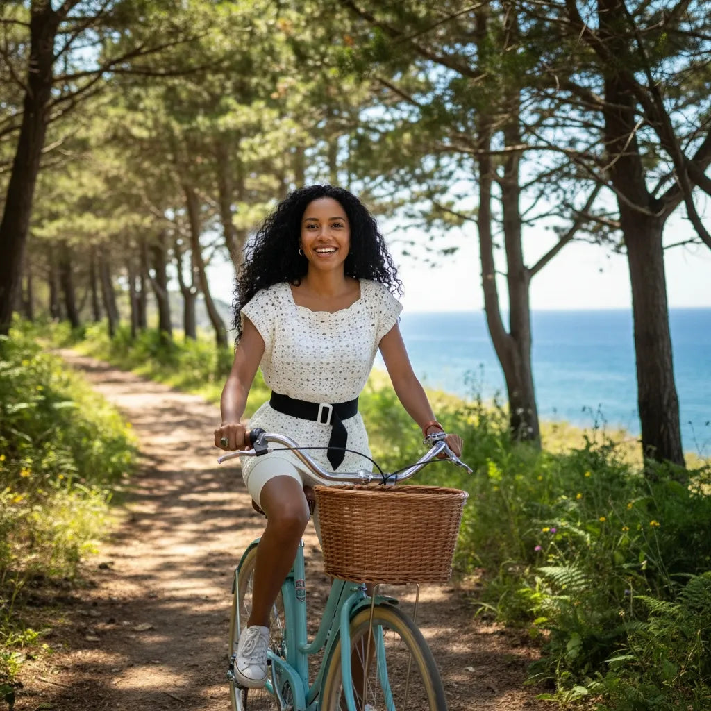 Tunique au crochet Tunica de Cachalabibi  - vue de face à vélo dans la forêt côtière avec vue sur l'océan et panier en osier