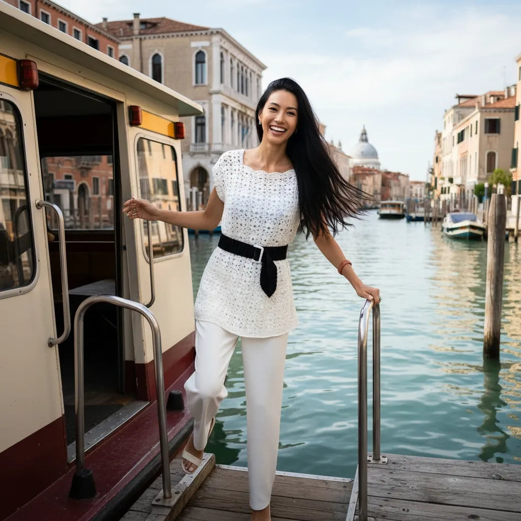 Tunique au crochet Tunica de Cachalabibi - vue de face montant sur un vaporetto sur le Grand Canal à Venise avec palais