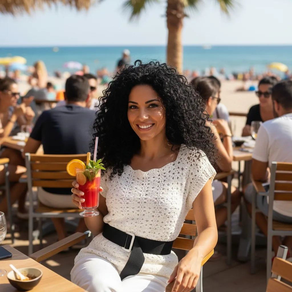 Tunique au crochet Tunica de Cachalabibi - vue de face à la terrasse d'un bar de plage avec cocktail coloré et parasols