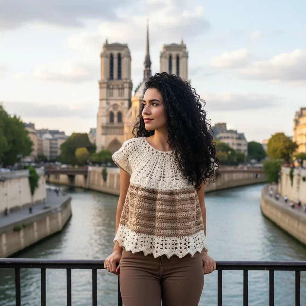 Vareuse au crochet Maglia de Cachalabibi - vue de profil sur les quais de Seine à Paris avec Notre-Dame et promeneurs