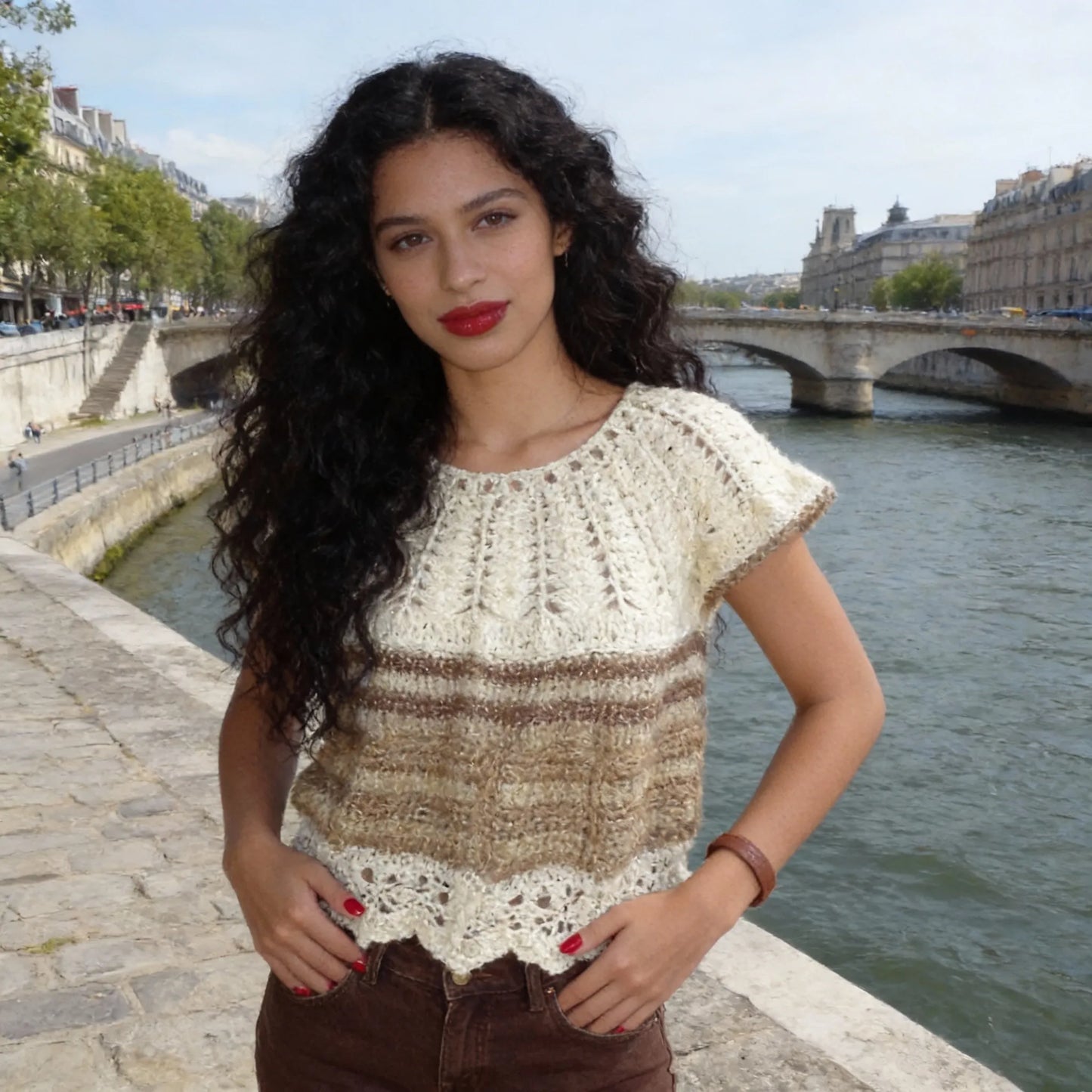 Vareuse au crochet Maglia de Cachalabibi - vue de face sur les quais de Seine à Paris avec pont et immeubles haussmanniens