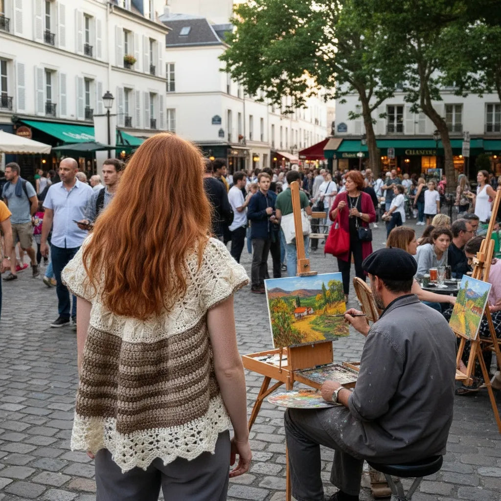  Vareuse au crochet Maglia de Cachalabibi - vue de dos sur la place du Tertre à Montmartre à Paris avec artiste peintre et chevalet