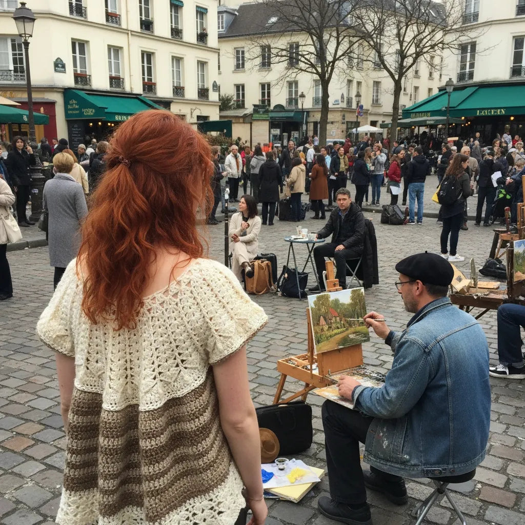 vue de dos sur la place du Tertre à Montmartre à Paris avec artistes peintres et foule