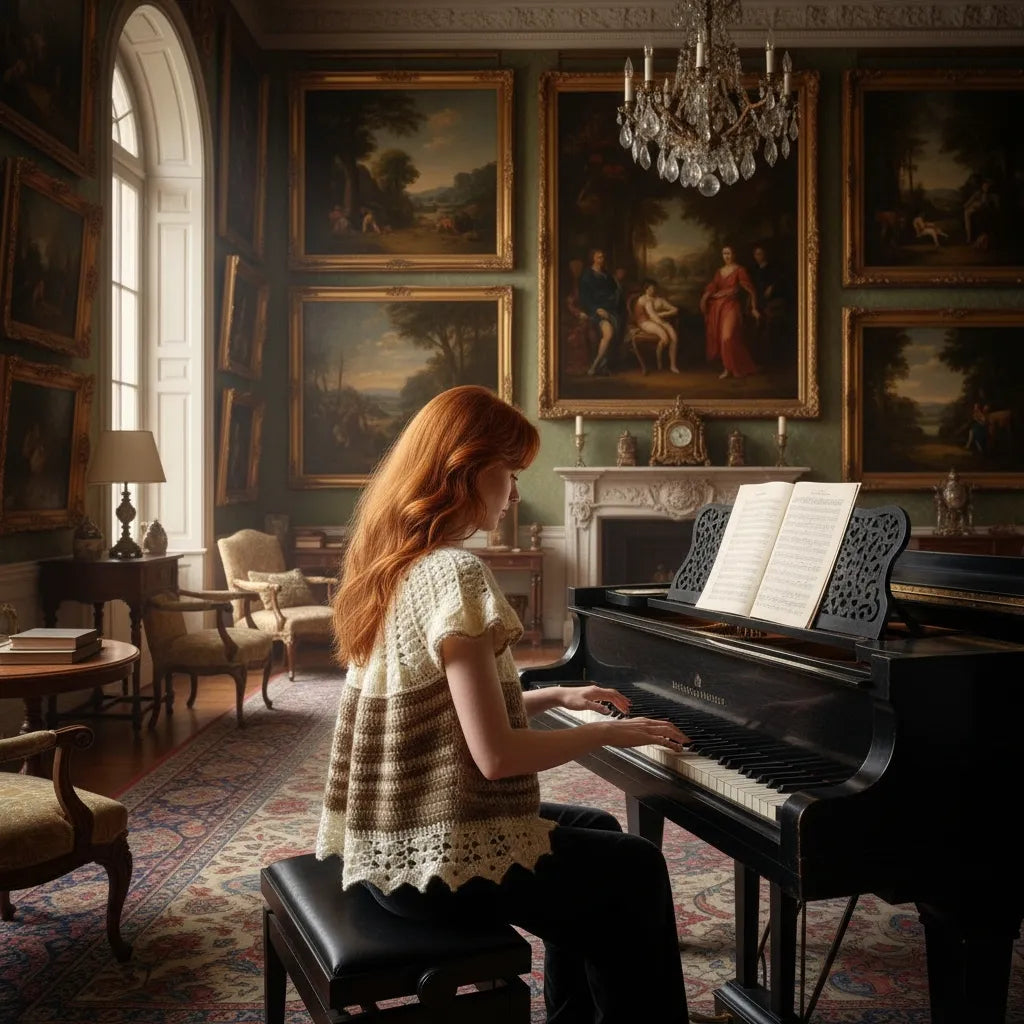Vareuse au crochet Maglia de Cachalabibi - vue de profil dans un salon de musique avec piano à queue et tableaux anciens