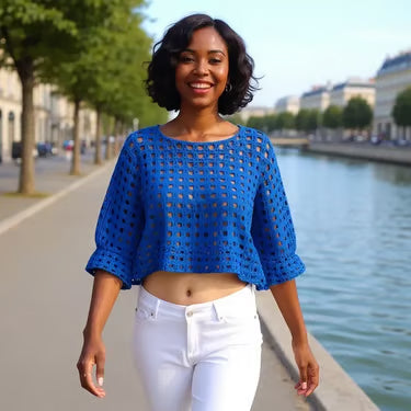 Pull au crochet Lazzuli de Cachalabibi - Vue de face sur les quais de Paris