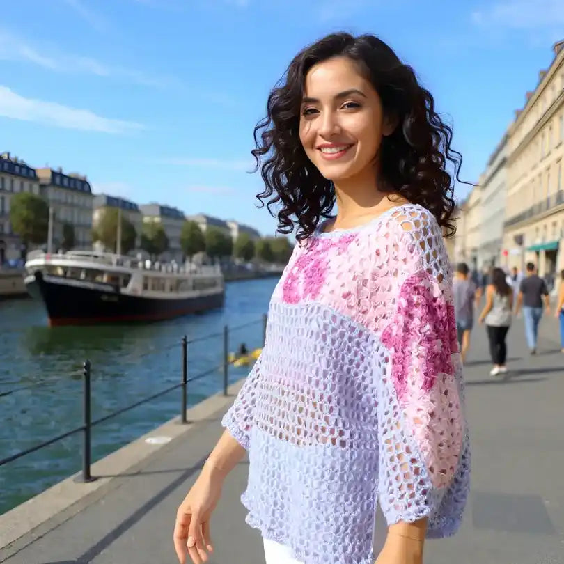 Tunique au crochet fait main Lupina sur le dos d'une jeune fille près d'un canal
